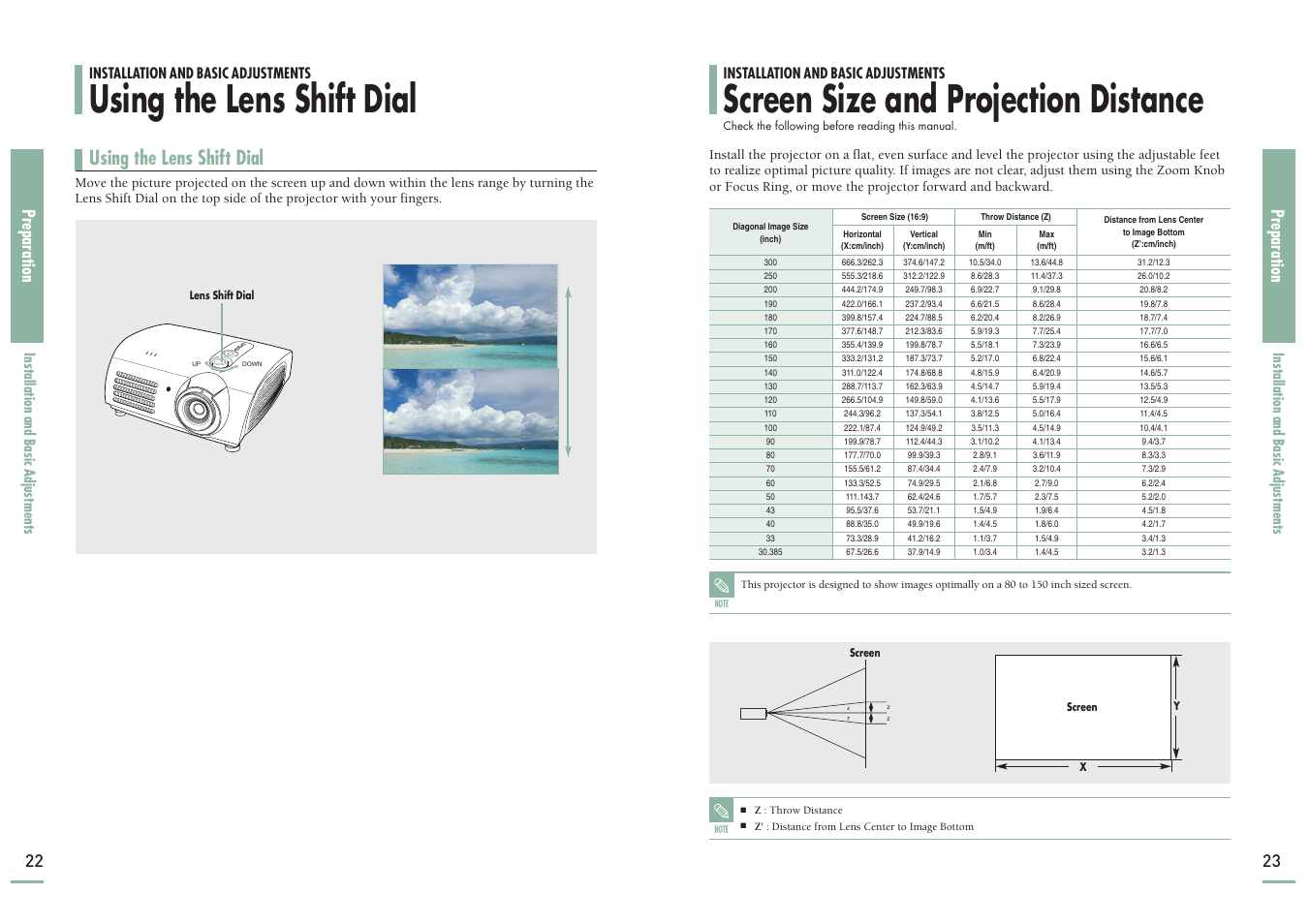 Using the lens shift dial, Screen size and projection distance, Preparation | 22 preparation | Samsung SP-H700 User Manual | Page 12 / 42