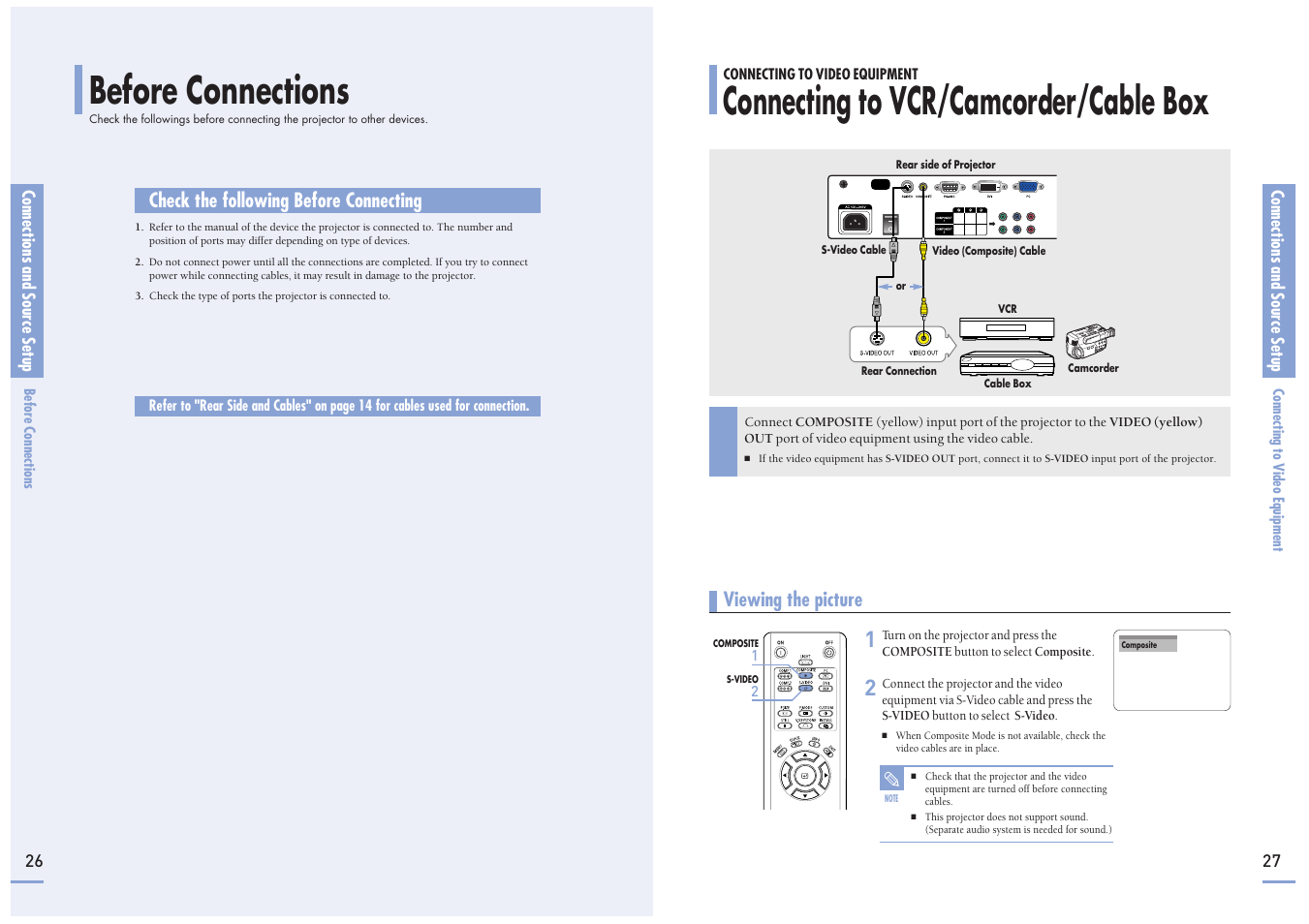 Check the following before connecting, Viewing the picture | Samsung SP-H700 User Manual | Page 14 / 42