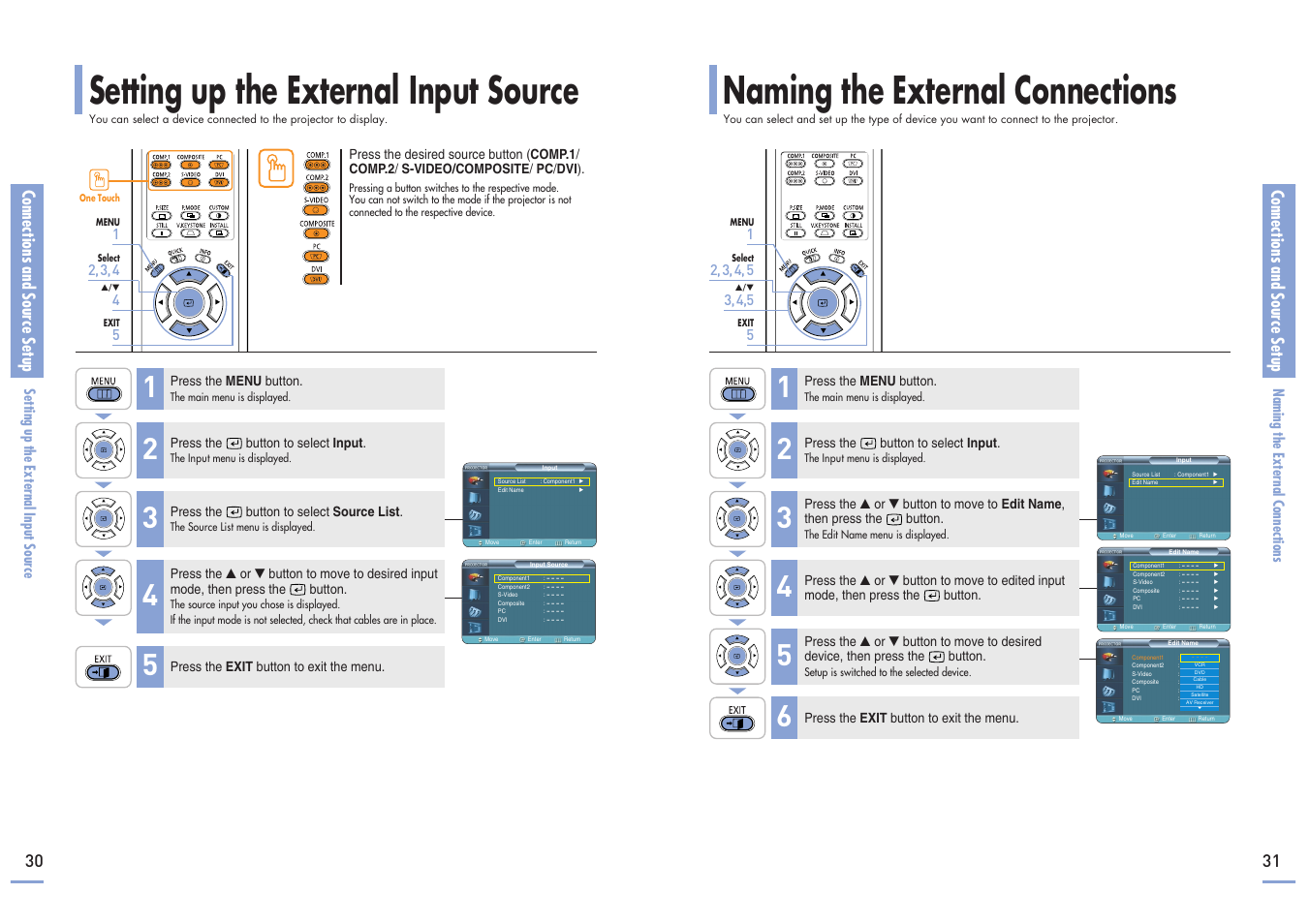 Naming the external connections, Setting up the external input source, Connections and source setup | Samsung SP-H700 User Manual | Page 16 / 42
