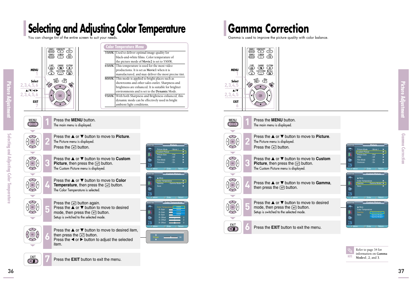 Selecting and adjusting color temperature, Gamma correction, Picture adjustment | Samsung SP-H700 User Manual | Page 19 / 42
