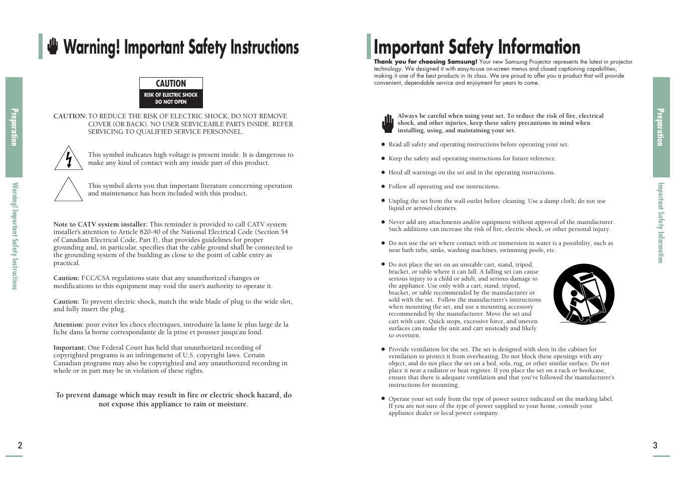 Important safety information, Warning! important safety instructions | Samsung SP-H700 User Manual | Page 2 / 42