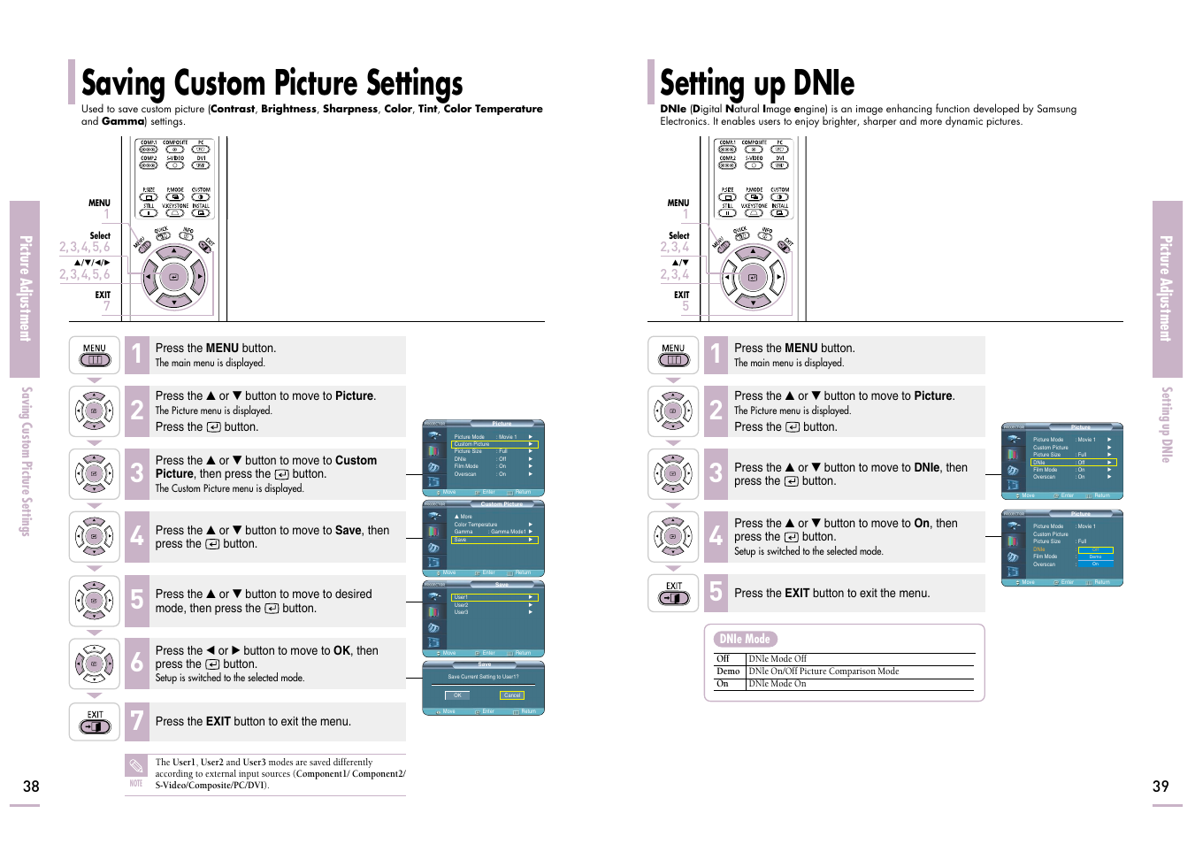 Saving custom picture settings, Setting up dnie, Picture adjustment | Samsung SP-H700 User Manual | Page 20 / 42