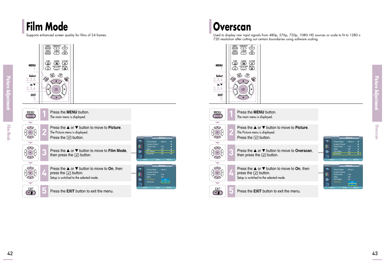 Film mode, Overscan, Picture adjustment | Samsung SP-H700 User Manual | Page 22 / 42