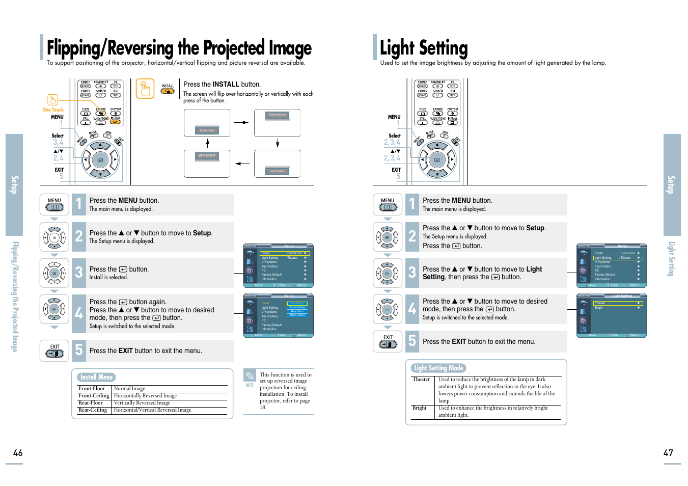 Flipping/reversing the projected image, Light setting, Setup | Samsung SP-H700 User Manual | Page 24 / 42
