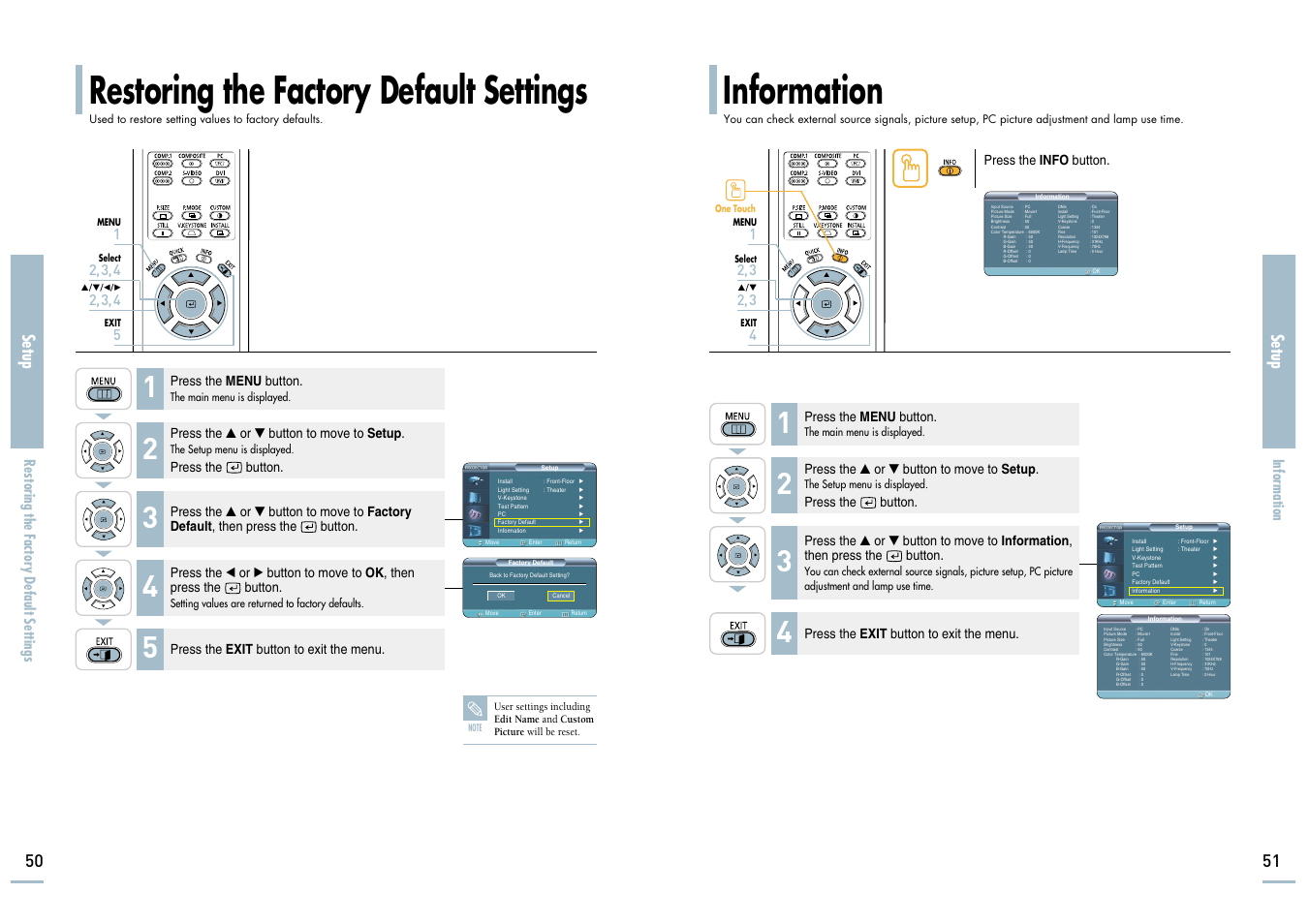 Restoring the factory default settings, Information, Setup | Restoring the factor y default settings | Samsung SP-H700 User Manual | Page 26 / 42