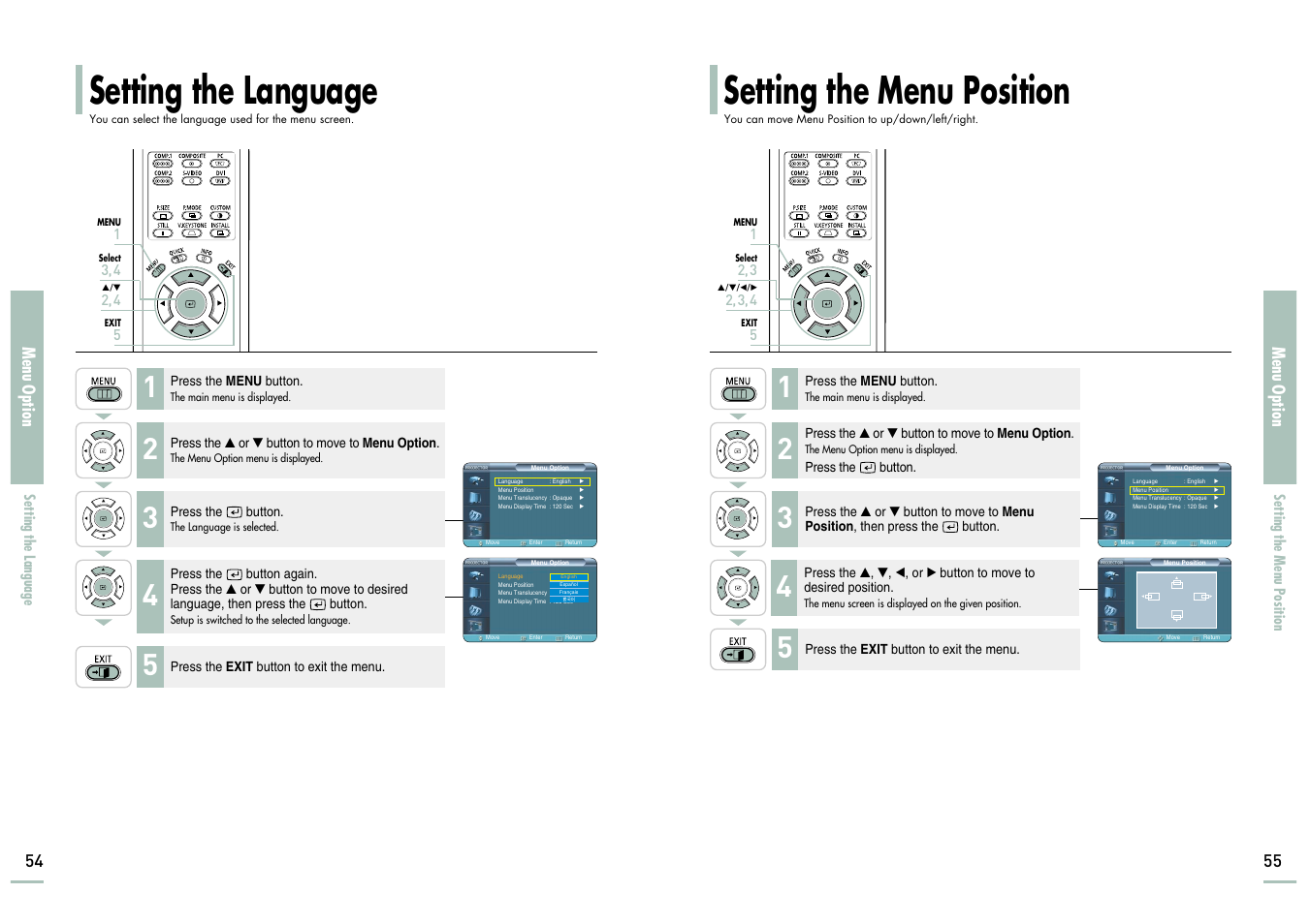 Setting the language, Setting the menu position, Menu option | Samsung SP-H700 User Manual | Page 28 / 42