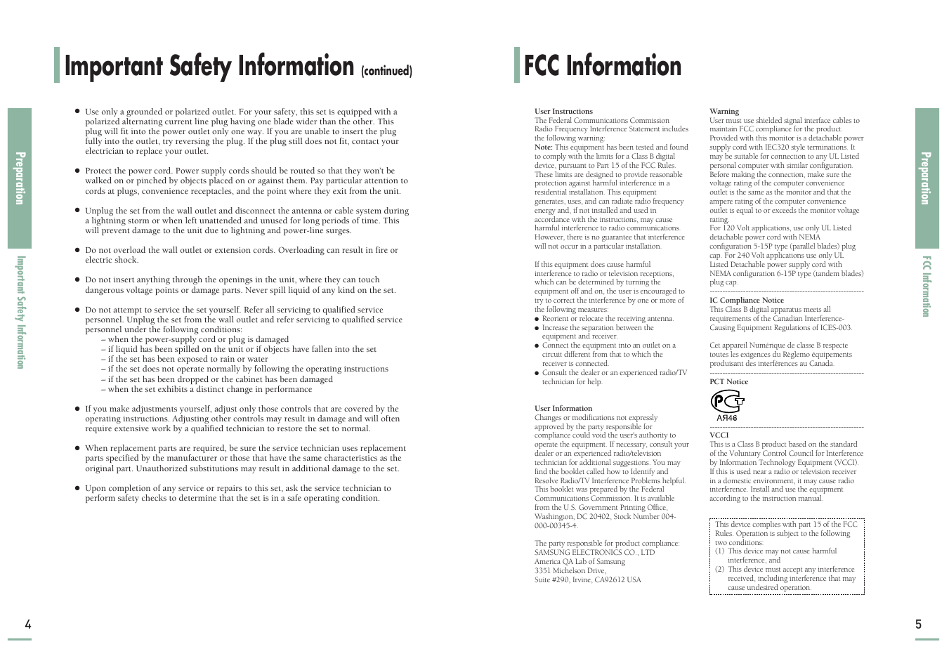 Fcc information, Important safety information | Samsung SP-H700 User Manual | Page 3 / 42
