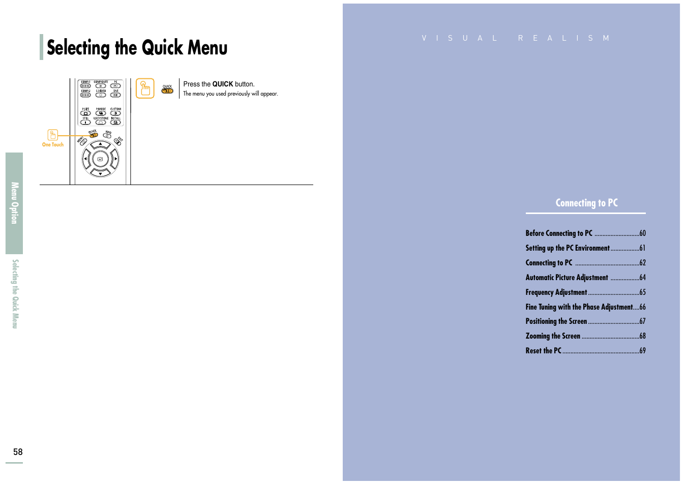 Selecting the quick menu | Samsung SP-H700 User Manual | Page 30 / 42