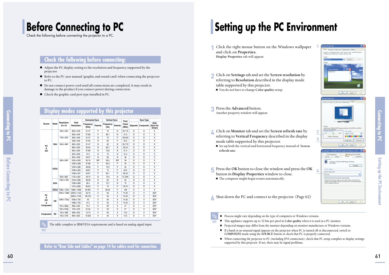 Before connecting to pc, Check the following before connecting, Display modes supported by this projector | Connecting to pc, Connecting to pc before connecting to pc 60 61, Setting up the pc environment | Samsung SP-H700 User Manual | Page 31 / 42