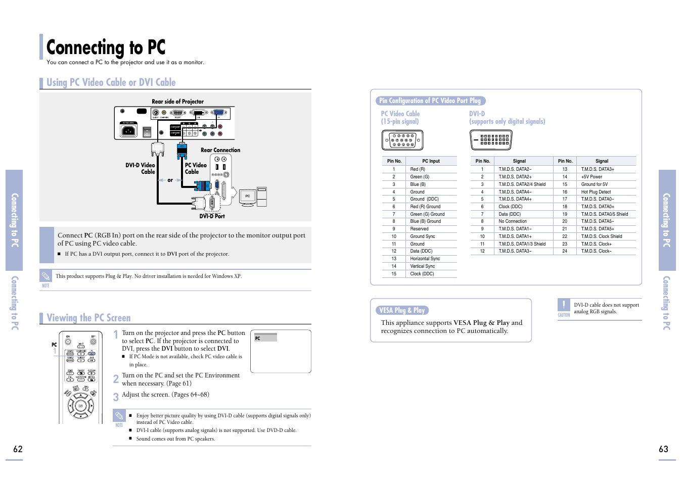 Using pc video cable or dvi cable, Viewing the pc screen, Connecting to pc | Connecting to pc 62 63 | Samsung SP-H700 User Manual | Page 32 / 42