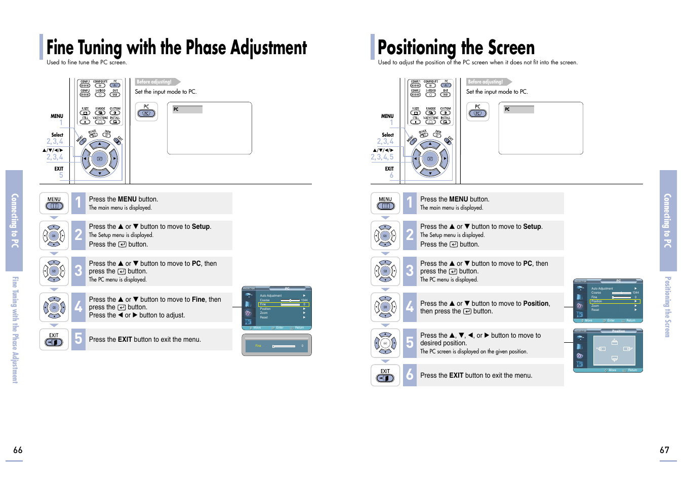Fine tuning with the phase adjustment, Positioning the screen, Connecting to pc | Samsung SP-H700 User Manual | Page 34 / 42