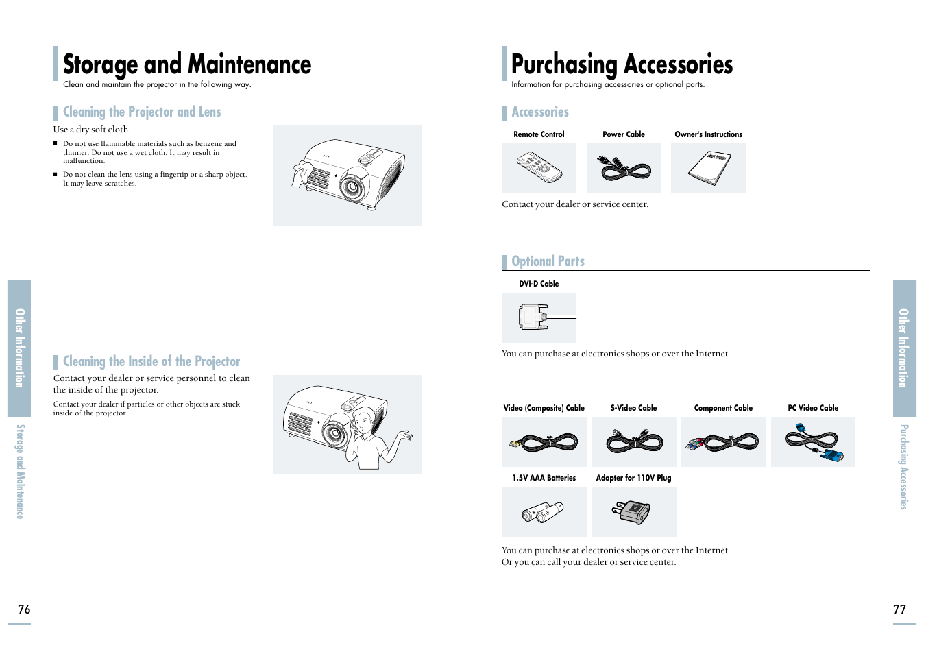Storage and maintenance, Purchasing accessories, Accessories | Cleaning the projector and lens, Cleaning the inside of the projector, Optional parts | Samsung SP-H700 User Manual | Page 39 / 42