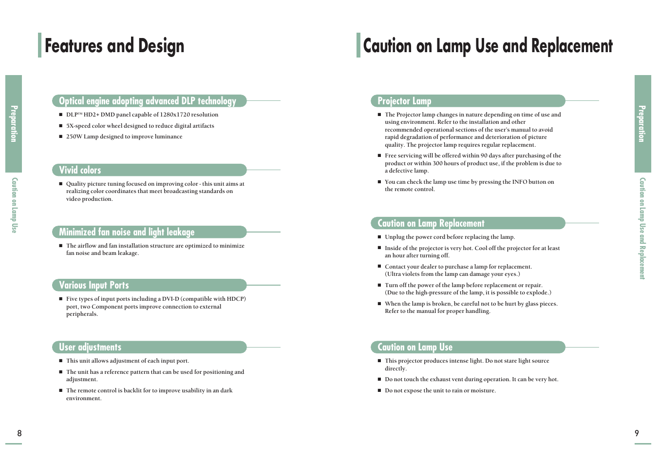Caution on lamp use and replacement, Features and design, Optical engine adopting advanced dlp technology | Vivid colors, Minimized fan noise and light leakage, Various input ports, User adjustments, Projector lamp, Caution on lamp replacement, Caution on lamp use | Samsung SP-H700 User Manual | Page 5 / 42