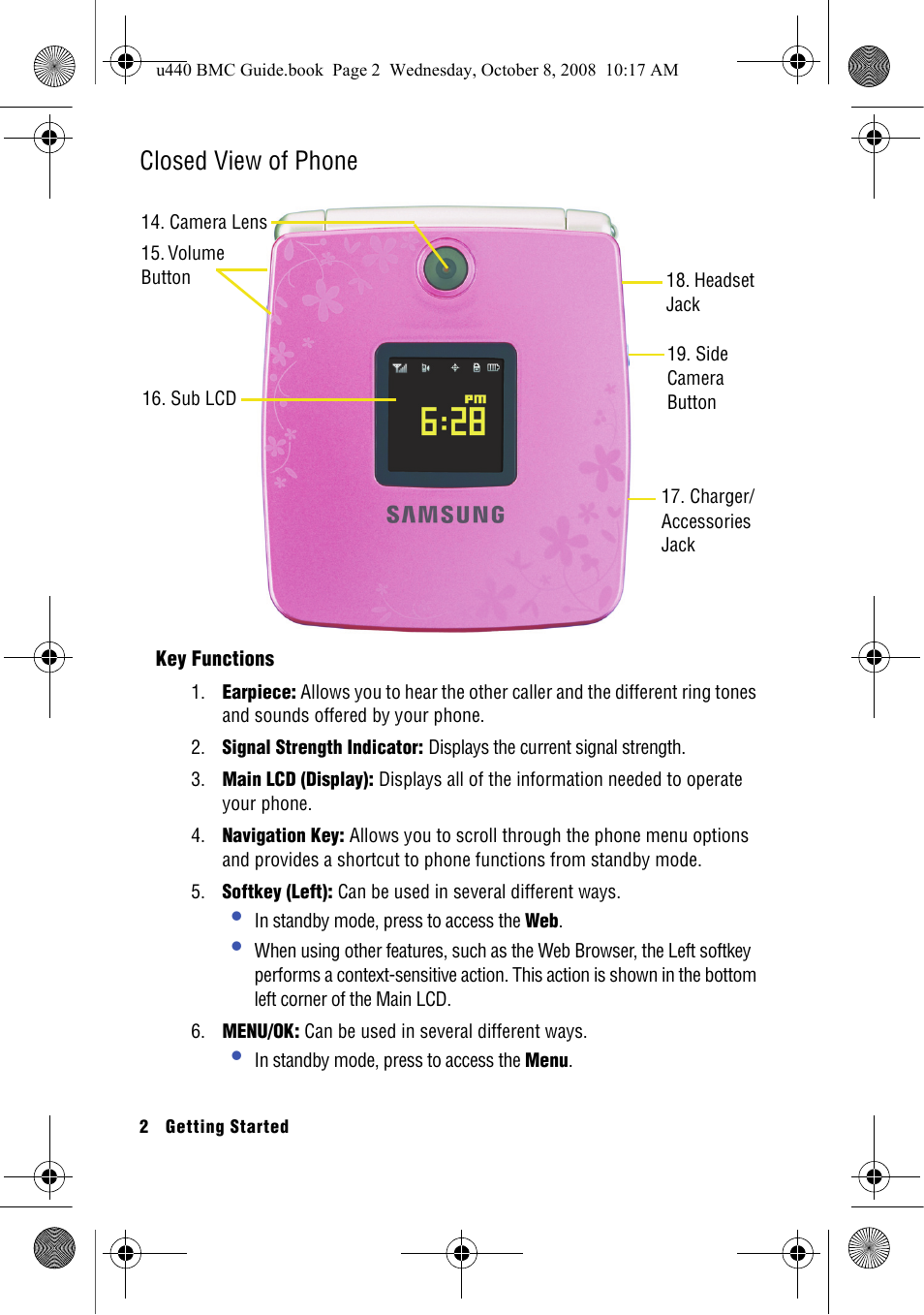 Closed view of phone, Key functions | Samsung SCH-U440 User Manual | Page 10 / 128