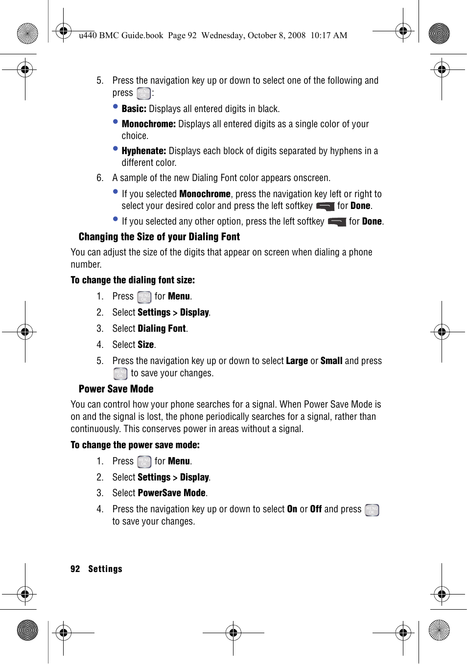 Changing the size of your dialing font, Power save mode | Samsung SCH-U440 User Manual | Page 100 / 128