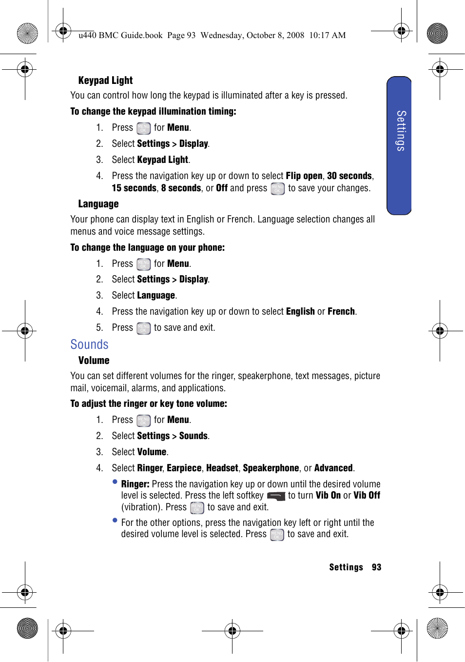 Keypad light, Language, Sounds | Volume, Settings | Samsung SCH-U440 User Manual | Page 101 / 128