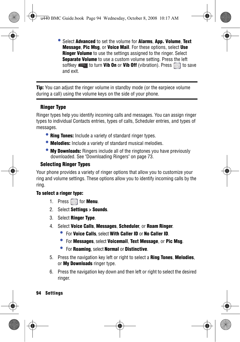 Ringer type, Selecting ringer types | Samsung SCH-U440 User Manual | Page 102 / 128