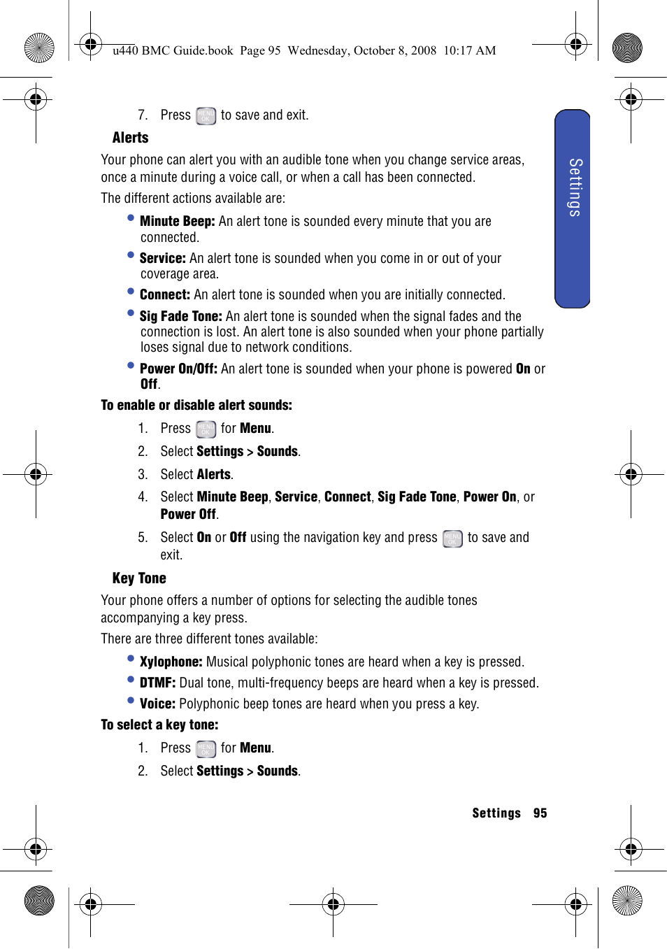 Alerts, Key tone, Settings | Samsung SCH-U440 User Manual | Page 103 / 128