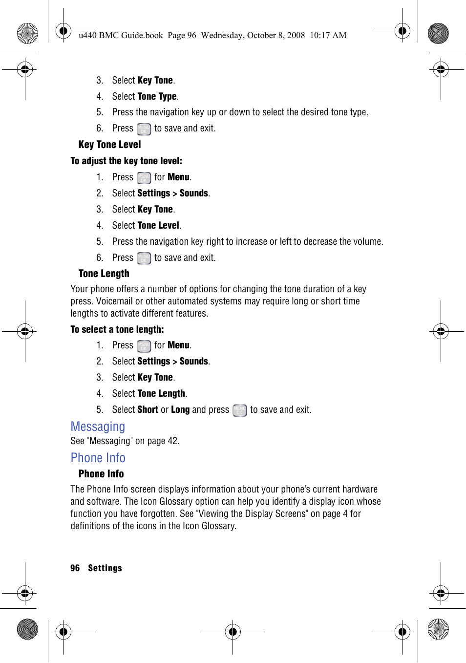 Key tone level, Tone length, Messaging | Phone info, Messaging phone info | Samsung SCH-U440 User Manual | Page 104 / 128