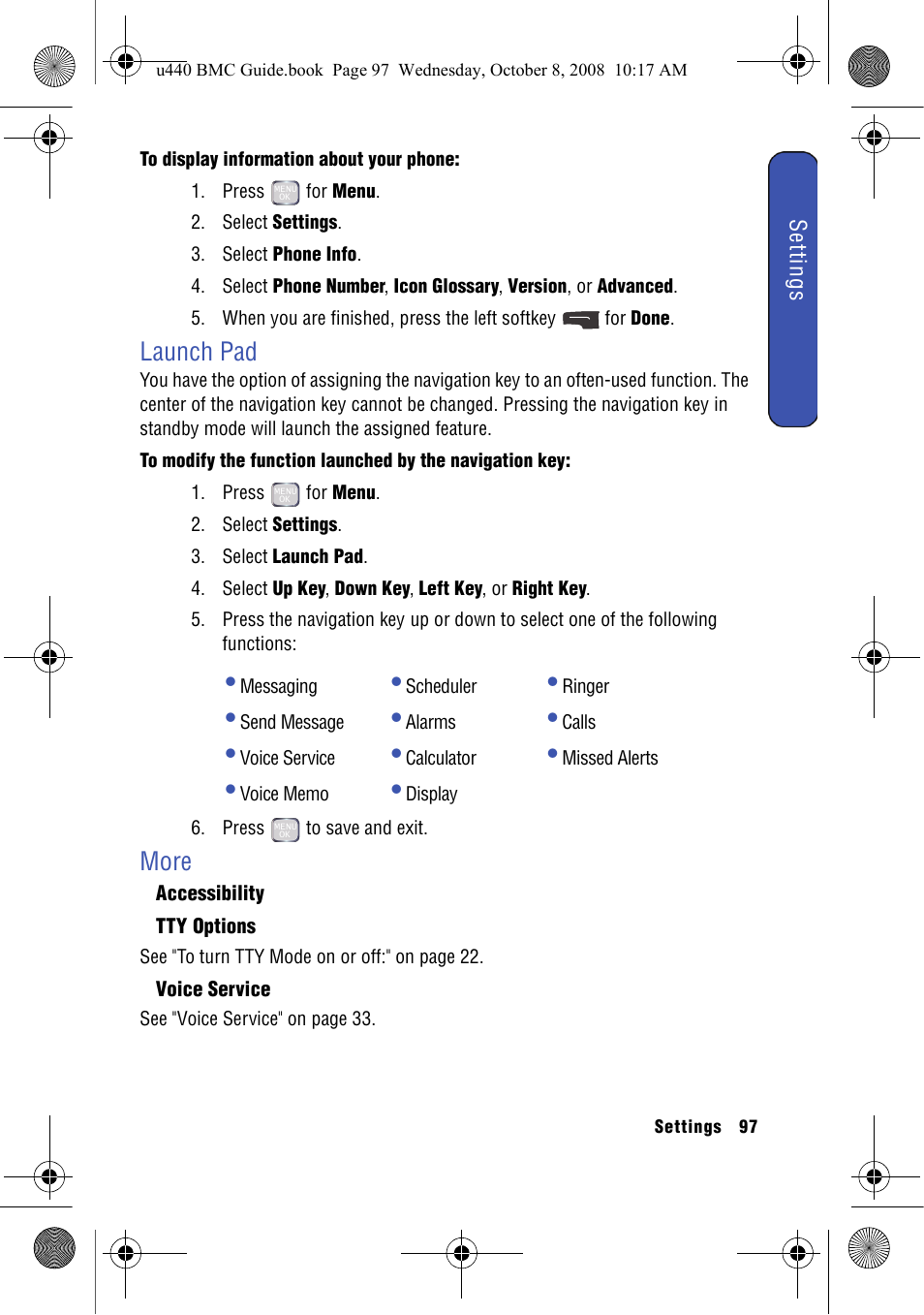Launch pad, More, Accessibility | Tty options, Voice service, Launch pad more | Samsung SCH-U440 User Manual | Page 105 / 128