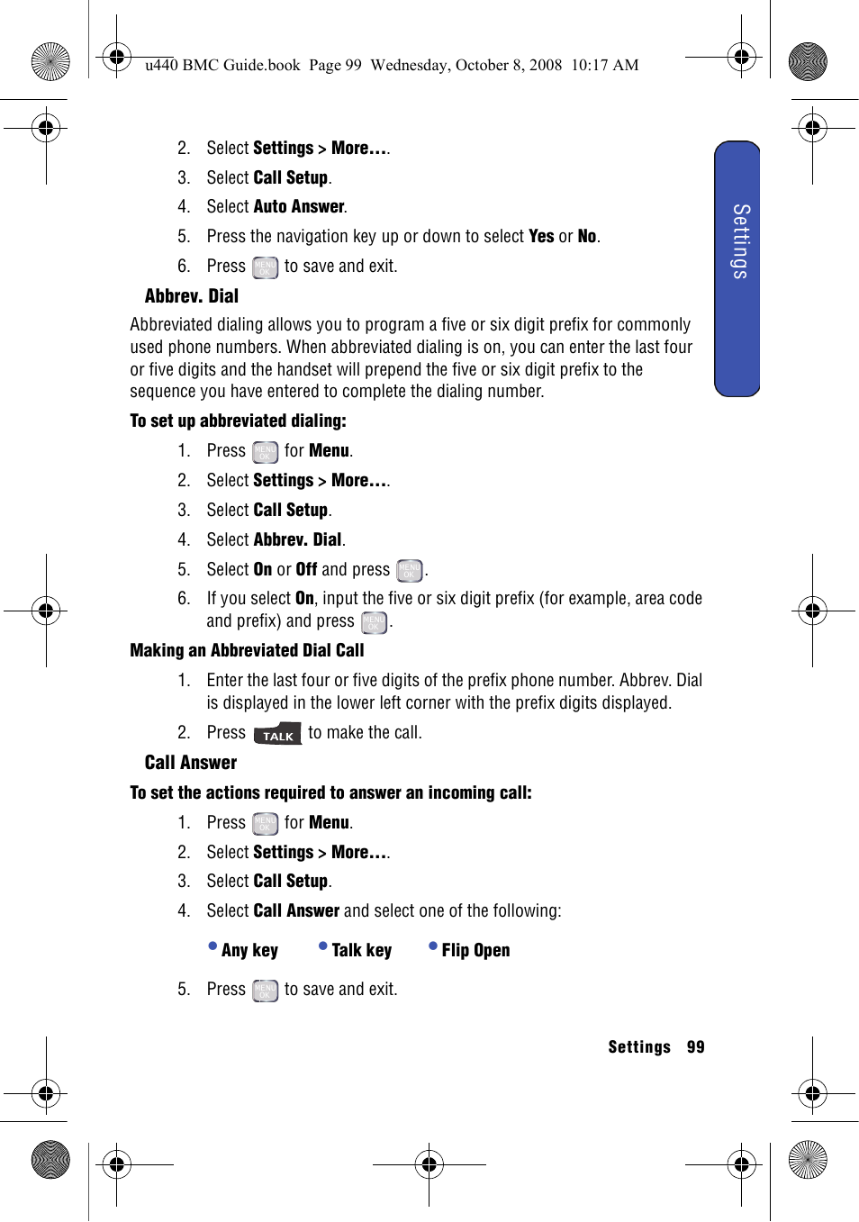 Abbrev. dial, Call answer, Settings | Samsung SCH-U440 User Manual | Page 107 / 128