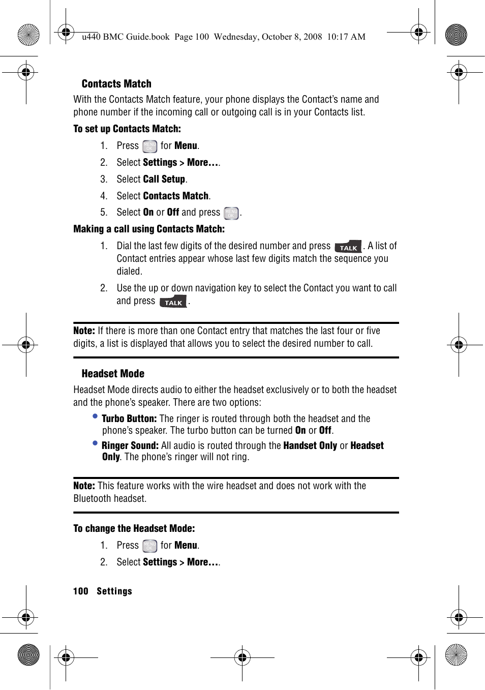 Contacts match, Headset mode | Samsung SCH-U440 User Manual | Page 108 / 128