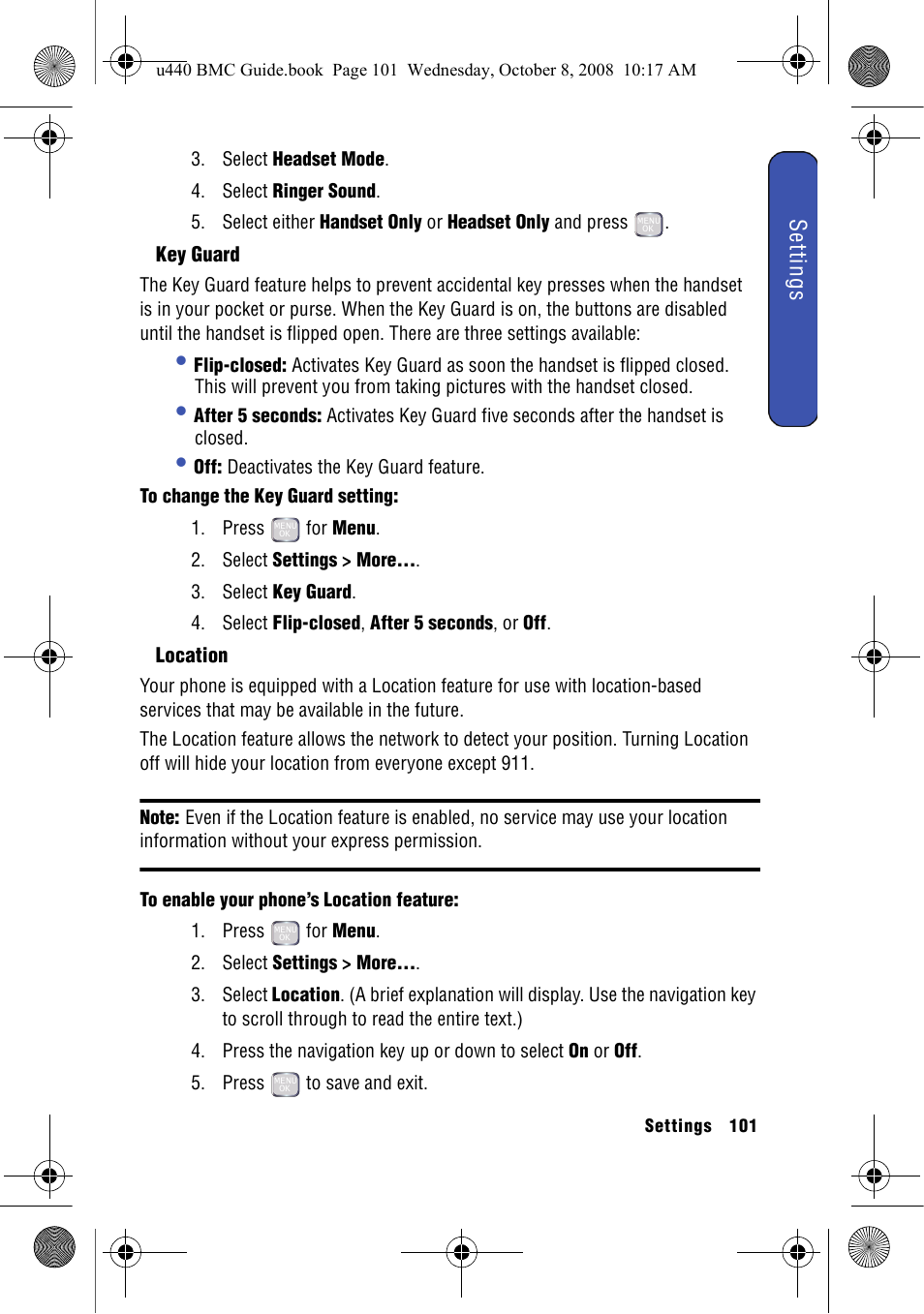 Key guard, Location, Settings | Samsung SCH-U440 User Manual | Page 109 / 128