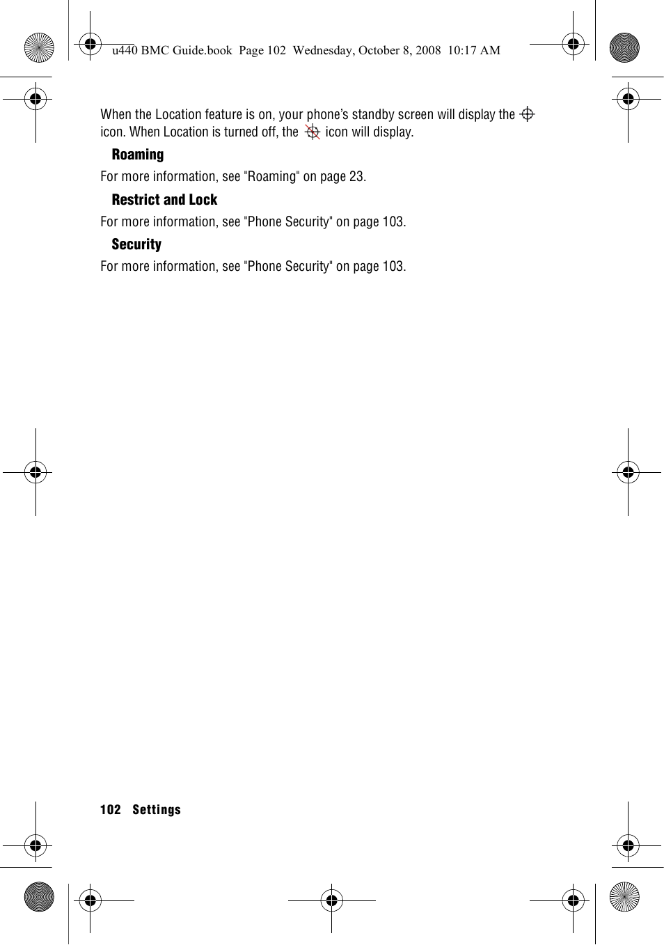 Roaming, Restrict and lock, Security | Samsung SCH-U440 User Manual | Page 110 / 128