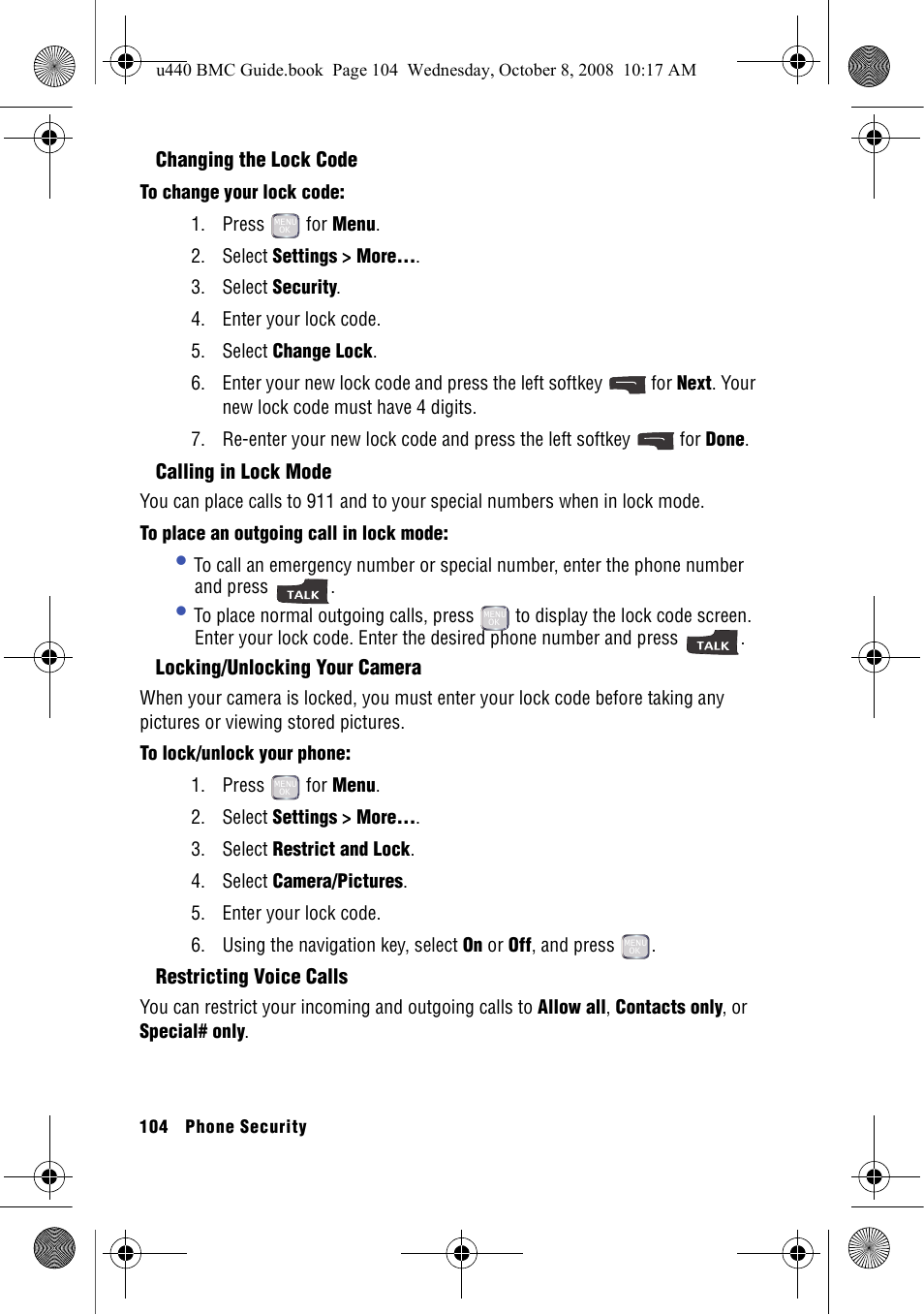 Changing the lock code, Calling in lock mode, Locking/unlocking your camera | Restricting voice calls | Samsung SCH-U440 User Manual | Page 112 / 128