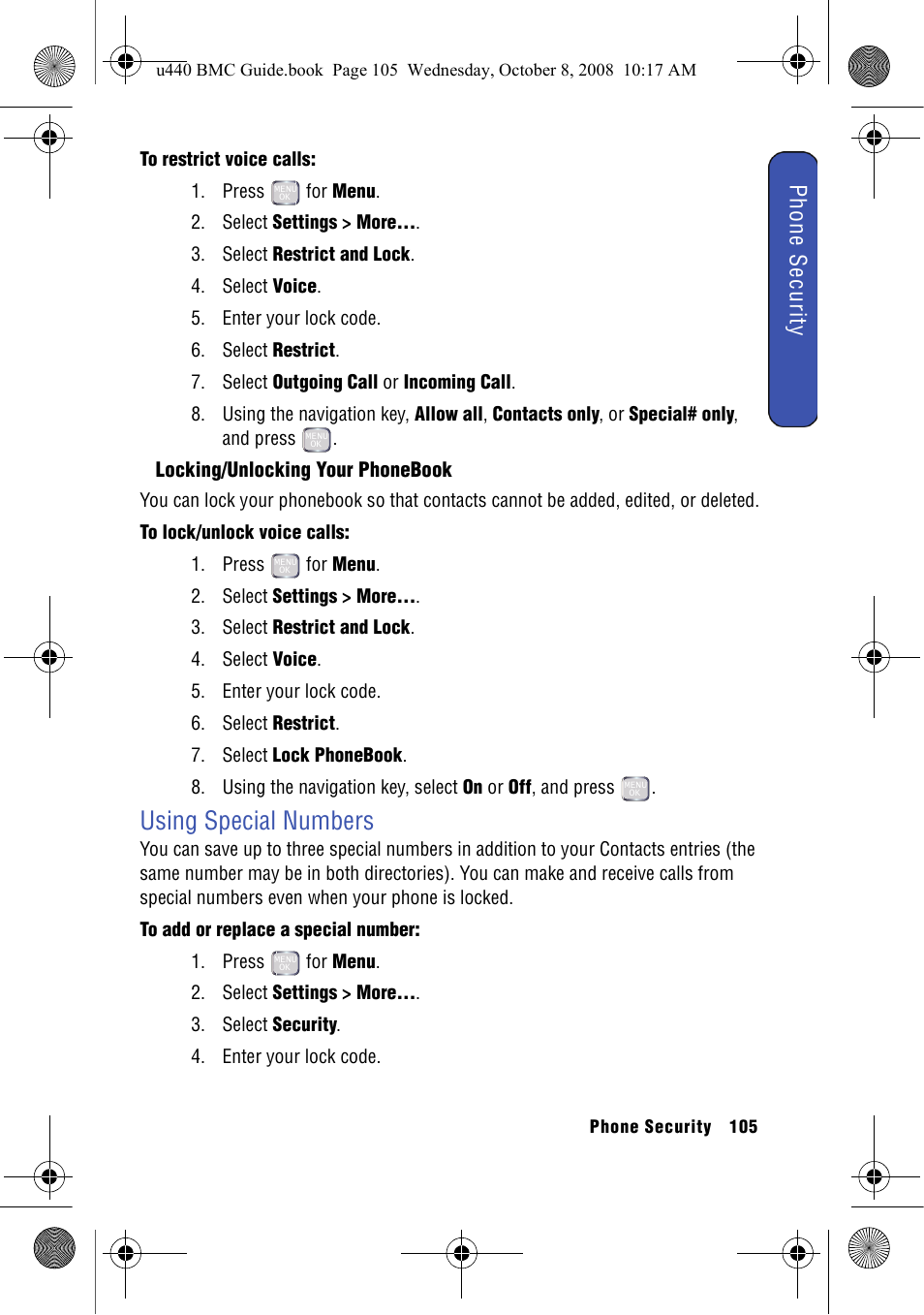 Locking/unlocking your phonebook, Using special numbers, Phone security | Samsung SCH-U440 User Manual | Page 113 / 128