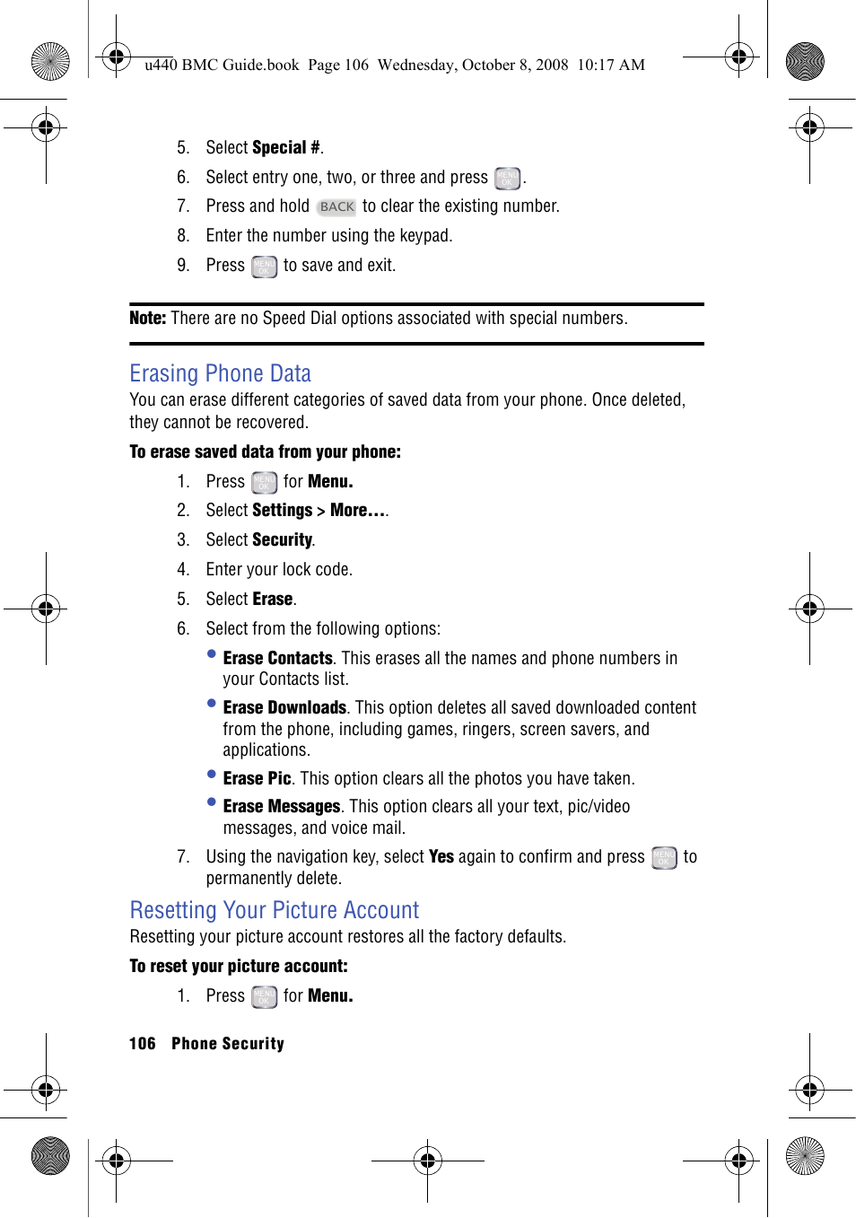 Erasing phone data, Resetting your picture account, Erasing phone data resetting your picture account | Samsung SCH-U440 User Manual | Page 114 / 128