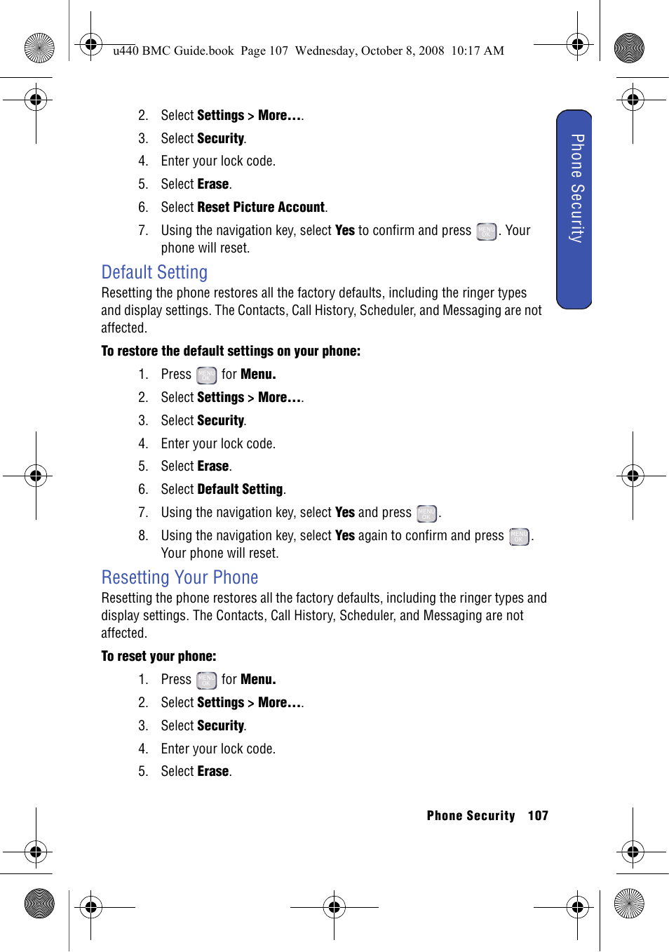 Default setting, Resetting your phone, Default setting resetting your phone | Phone security | Samsung SCH-U440 User Manual | Page 115 / 128