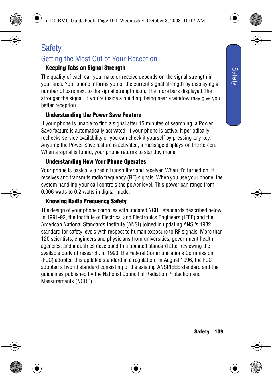 Safety, Getting the most out of your reception, Keeping tabs on signal strength | Understanding the power save feature, Understanding how your phone operates, Knowing radio frequency safety | Samsung SCH-U440 User Manual | Page 117 / 128