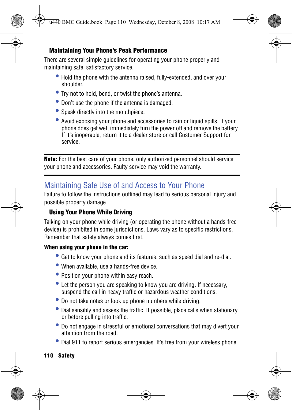 Maintaining your phone’s peak performance, Maintaining safe use of and access to your phone, Using your phone while driving | Samsung SCH-U440 User Manual | Page 118 / 128