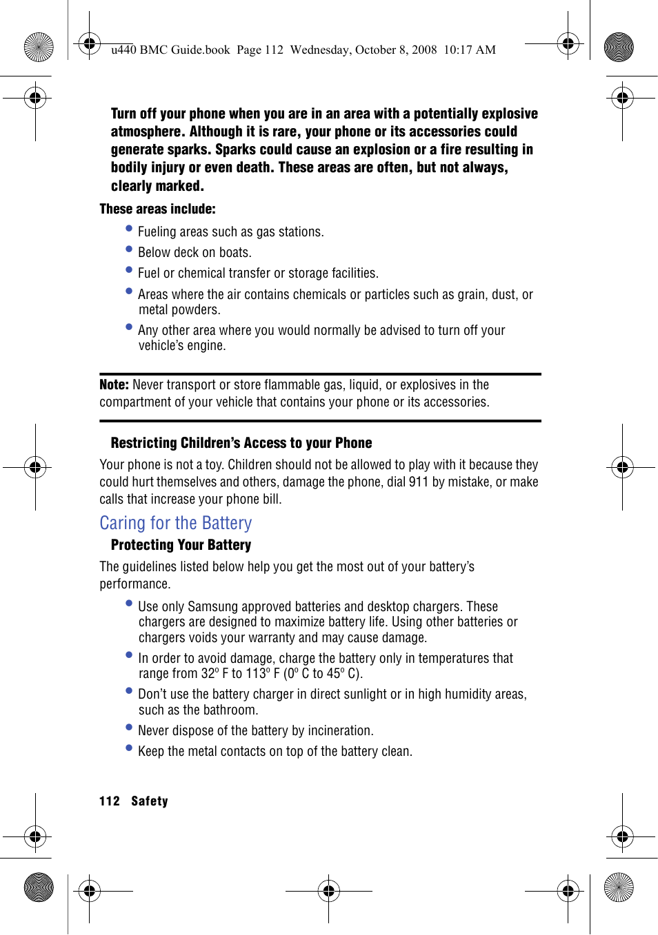 Restricting children’s access to your phone, Caring for the battery, Protecting your battery | Samsung SCH-U440 User Manual | Page 120 / 128