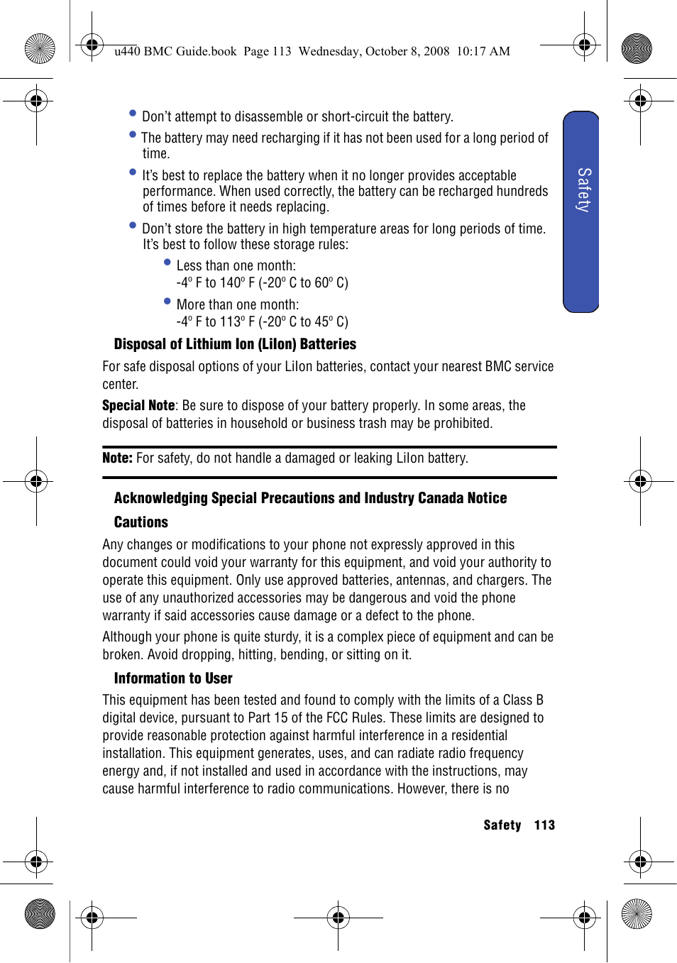 Disposal of lithium ion (liion) batteries, Cautions, Information to user | Samsung SCH-U440 User Manual | Page 121 / 128