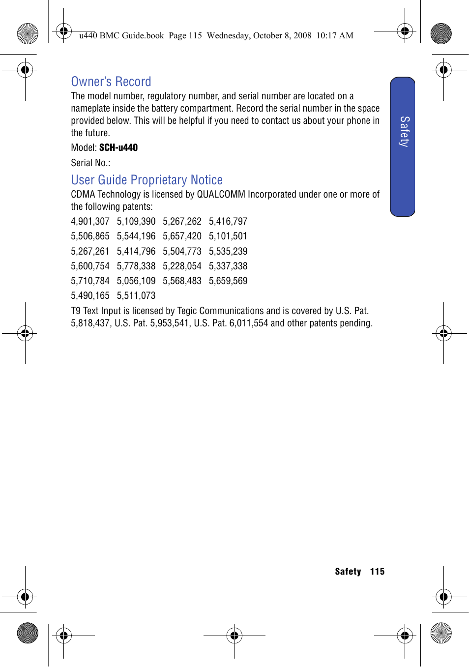 Owner’s record, User guide proprietary notice, Owner’s record user guide proprietary notice | Samsung SCH-U440 User Manual | Page 123 / 128