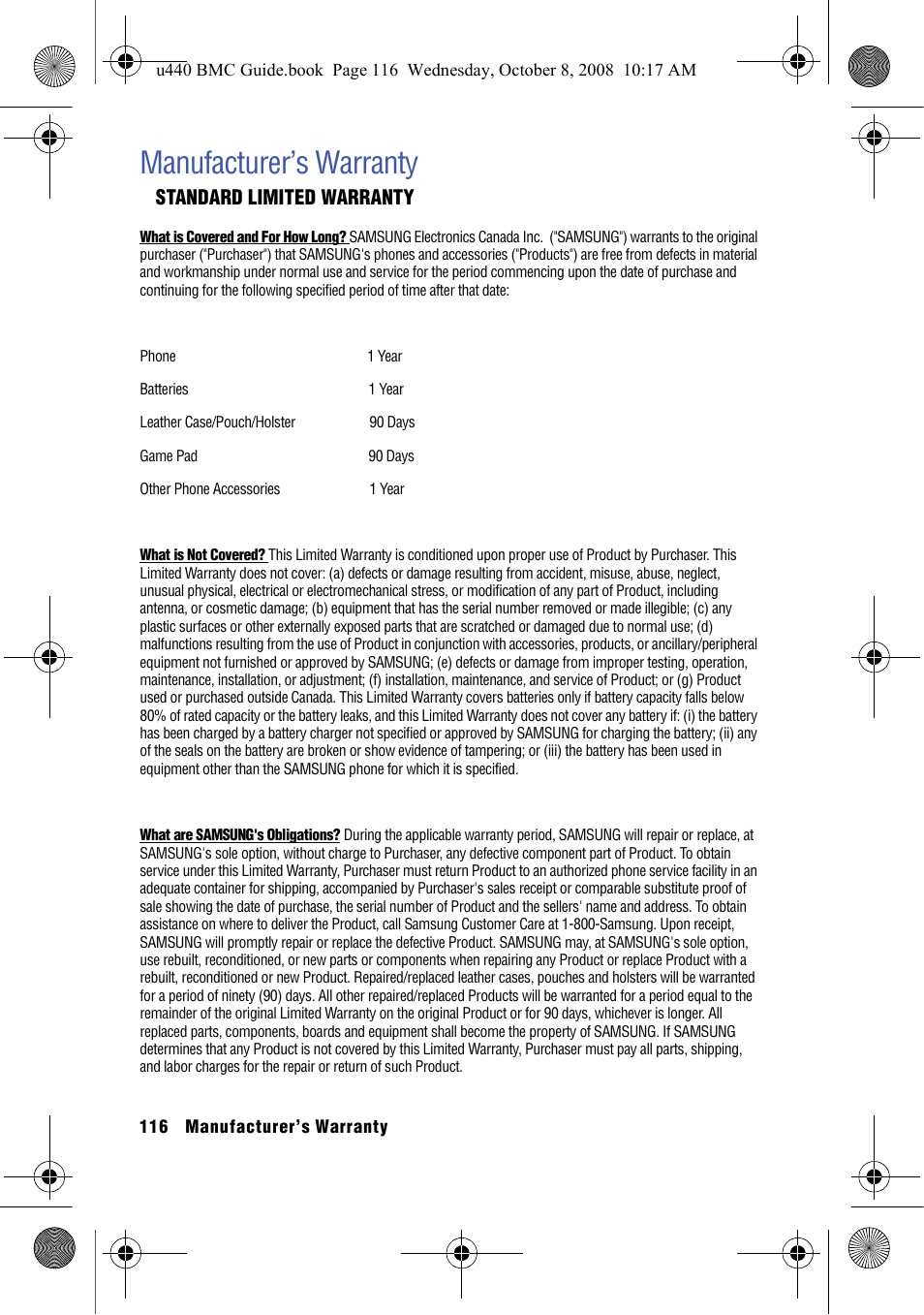 Manufacturer’s warranty, Standard limited warranty | Samsung SCH-U440 User Manual | Page 124 / 128