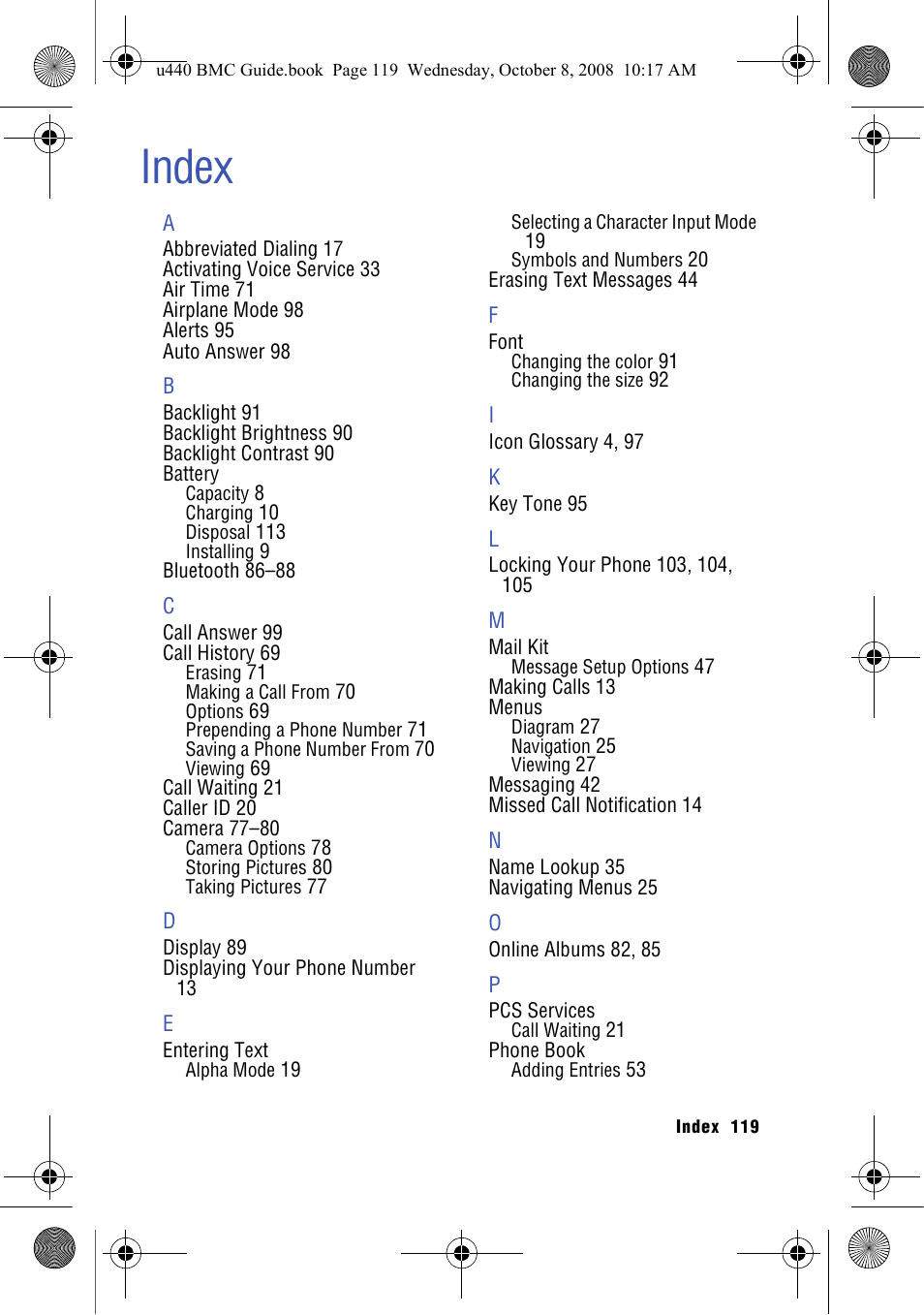 Index | Samsung SCH-U440 User Manual | Page 127 / 128