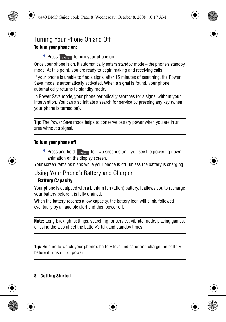 Turning your phone on and off, Using your phone’s battery and charger, Battery capacity | Samsung SCH-U440 User Manual | Page 16 / 128