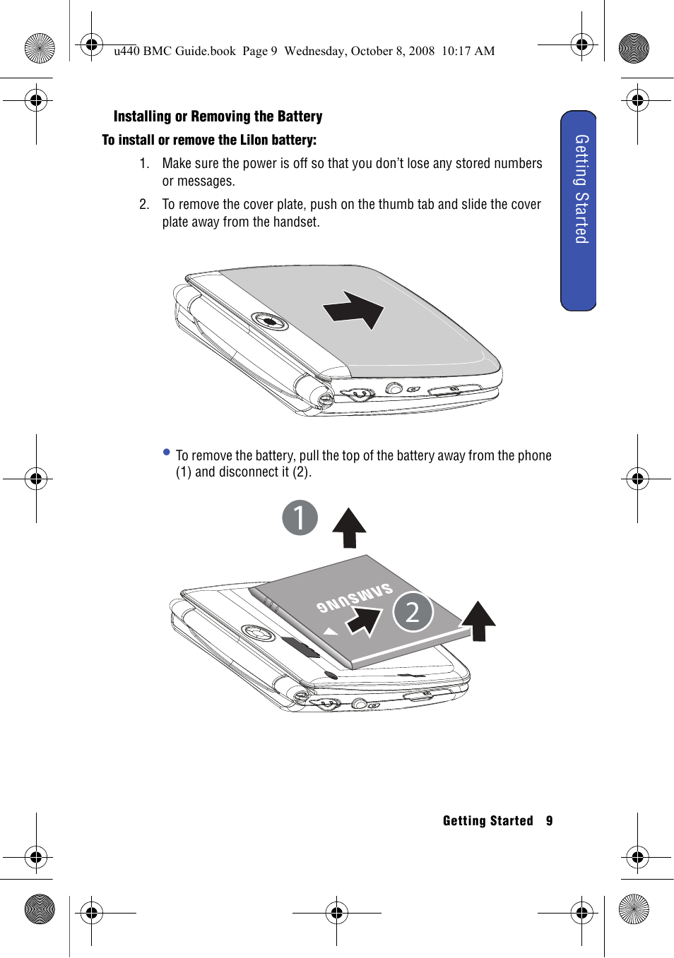 Installing or removing the battery | Samsung SCH-U440 User Manual | Page 17 / 128