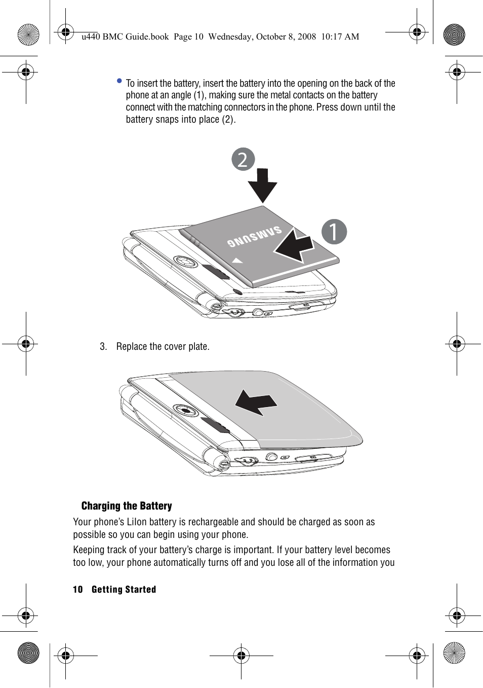 Charging the battery | Samsung SCH-U440 User Manual | Page 18 / 128
