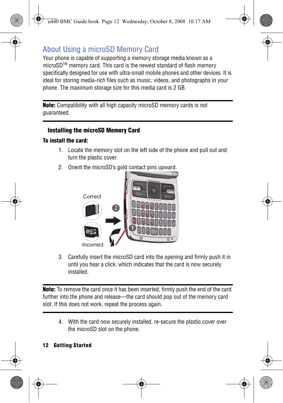 About using a microsd memory card, Installing the microsd memory card | Samsung SCH-U440 User Manual | Page 20 / 128