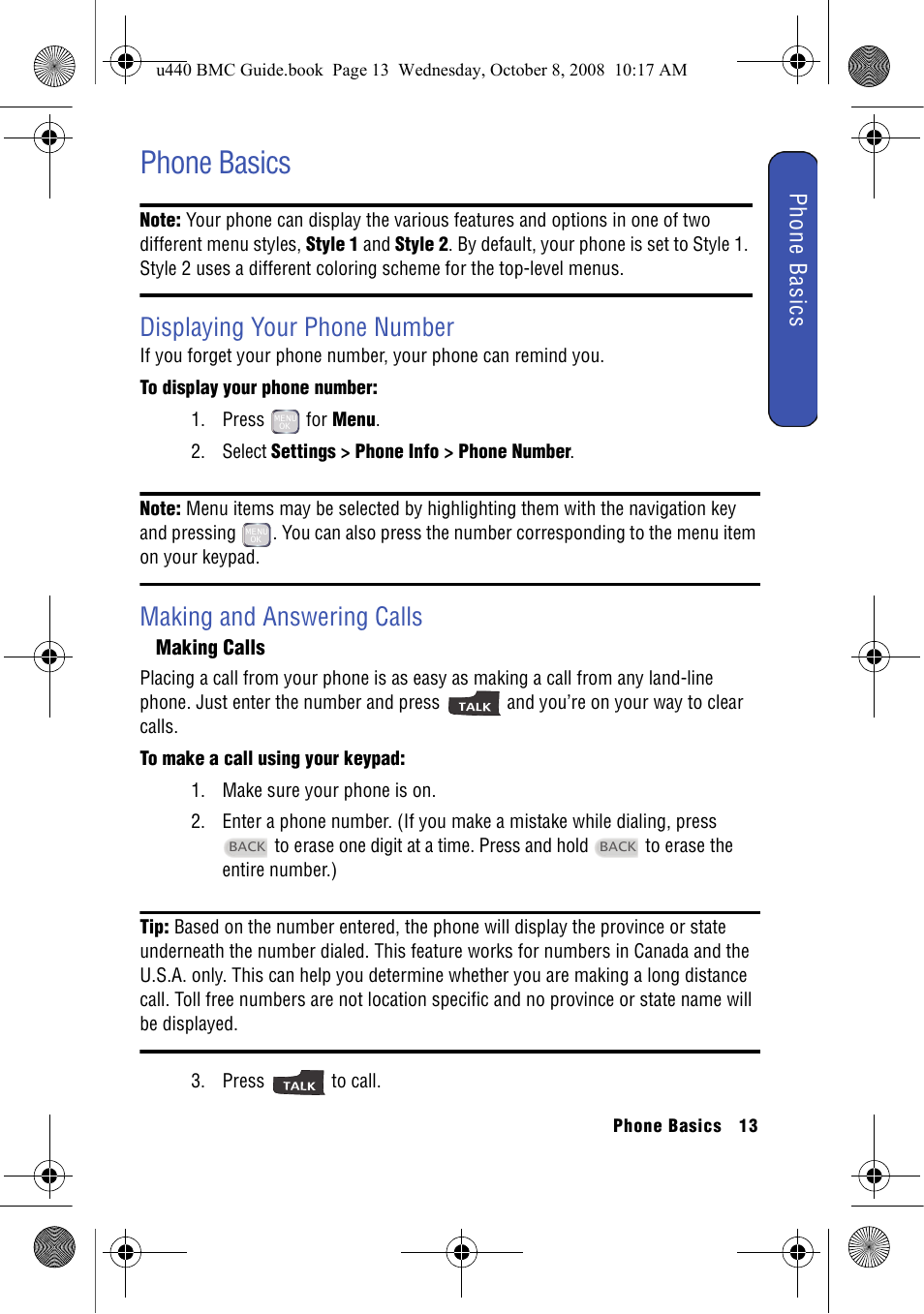 Phone basics, Displaying your phone number, Making and answering calls | Making calls | Samsung SCH-U440 User Manual | Page 21 / 128