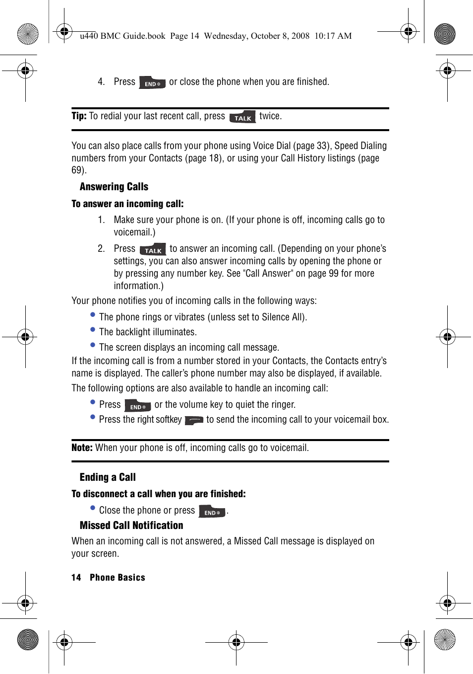 Answering calls, Ending a call, Missed call notification | Samsung SCH-U440 User Manual | Page 22 / 128