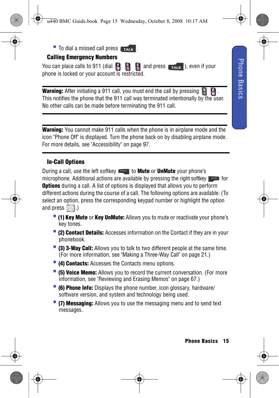 Calling emergency numbers, In-call options | Samsung SCH-U440 User Manual | Page 23 / 128