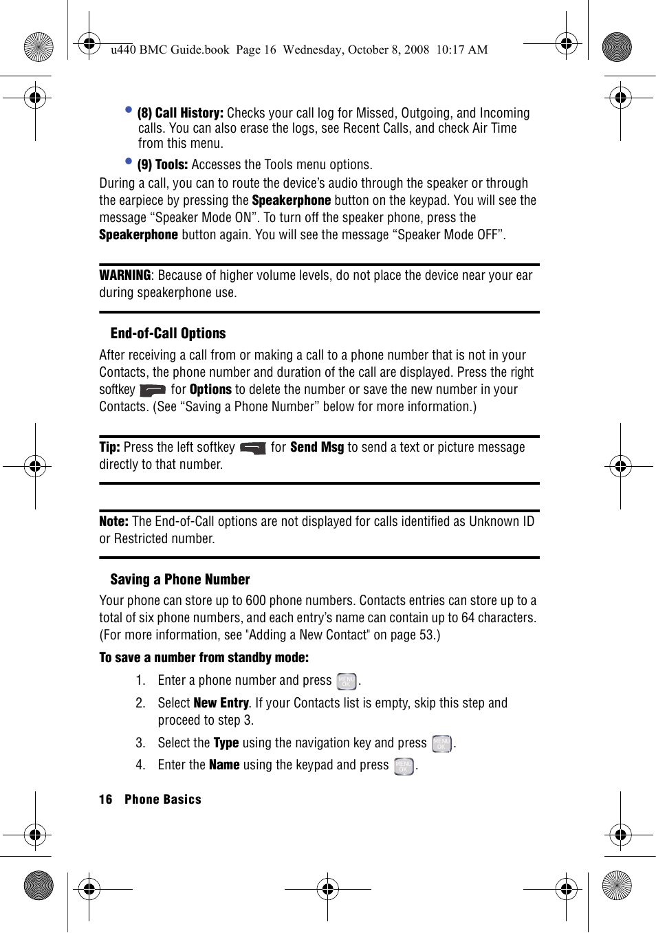 End-of-call options, Saving a phone number | Samsung SCH-U440 User Manual | Page 24 / 128