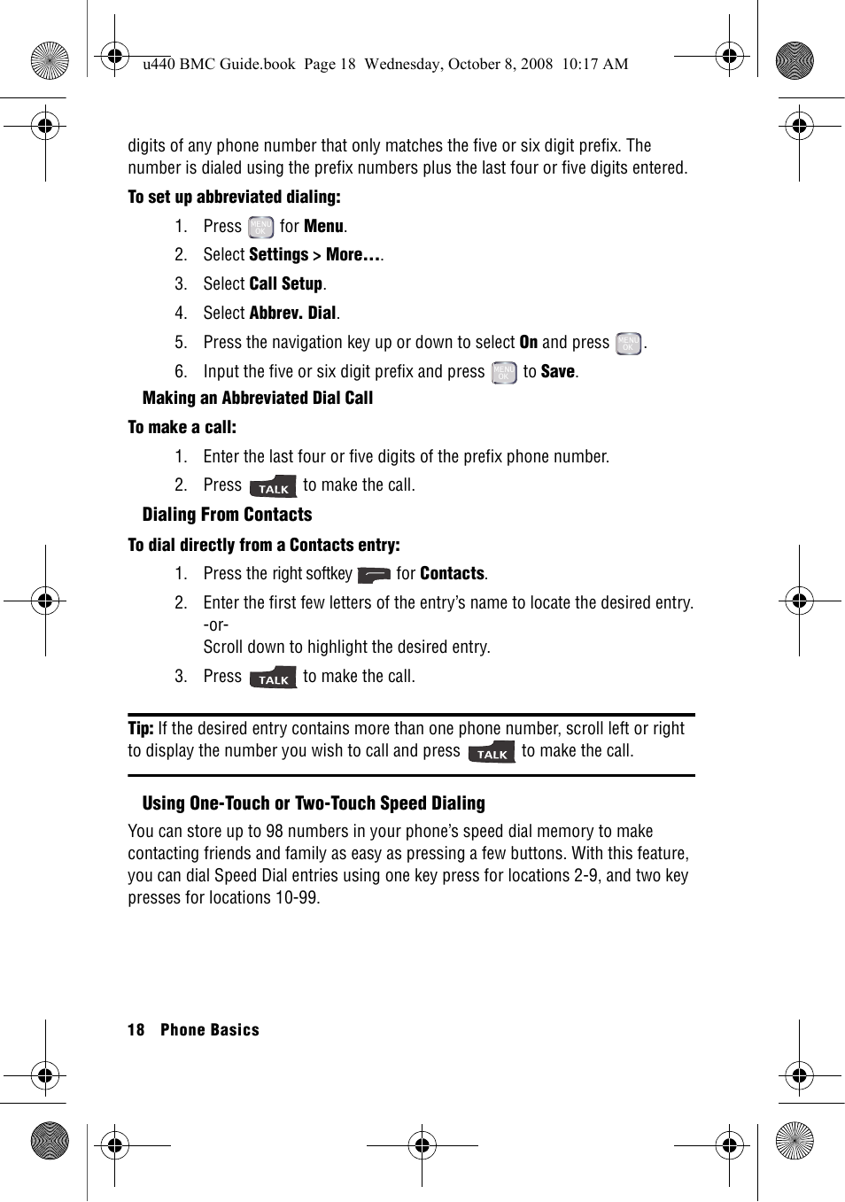 Making an abbreviated dial call, Dialing from contacts, Using one-touch or two-touch speed dialing | Samsung SCH-U440 User Manual | Page 26 / 128