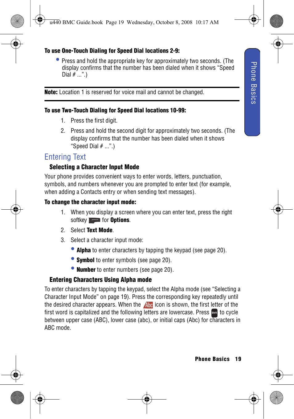 Entering text, Selecting a character input mode, Entering characters using alpha mode | Samsung SCH-U440 User Manual | Page 27 / 128