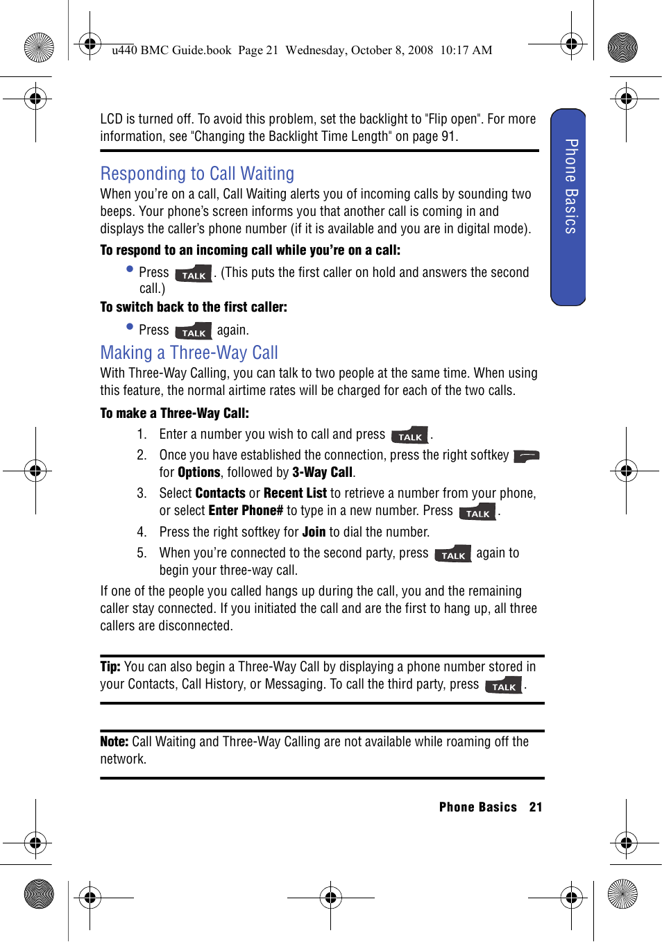 Responding to call waiting, Making a three-way call, Responding to call waiting making a three-way call | Samsung SCH-U440 User Manual | Page 29 / 128